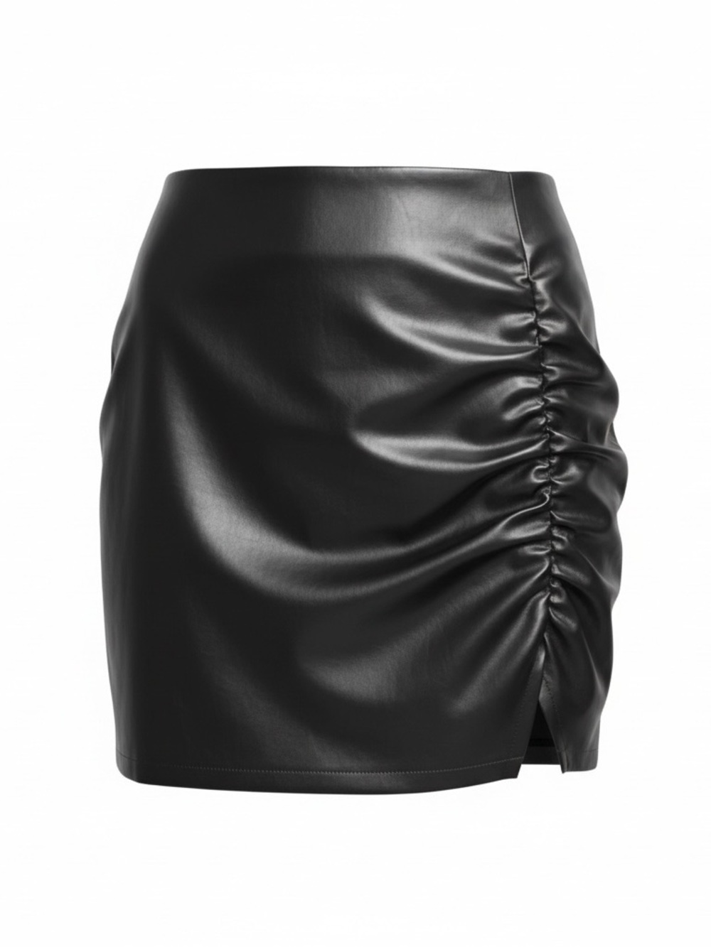 Black Faux Leather Ruched Mini Skirt